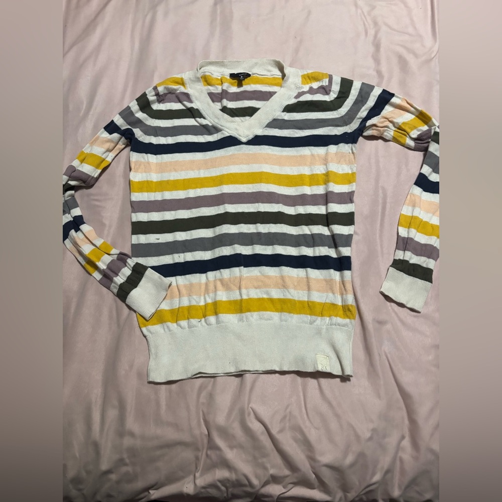 Striped V-Neck Long Sleeve Sweater - White with Yellow, Blue & Gray Stripes